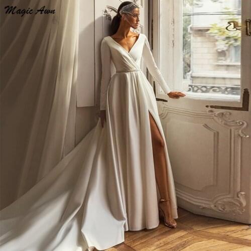 Magic Awn Modest Satin Wedding Dresses Boho 2021 V-Neck Long Sleeves Side Split Bridal Gowns A-Line Beaded Sash Vestido De Novia