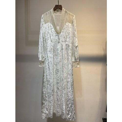 New 2021 Autumn Long Dress High Quality Women Sexy V-Neck Golden Lace Patchwork Long Sleeve Vintage Velvet Maxi Dress Vestidos