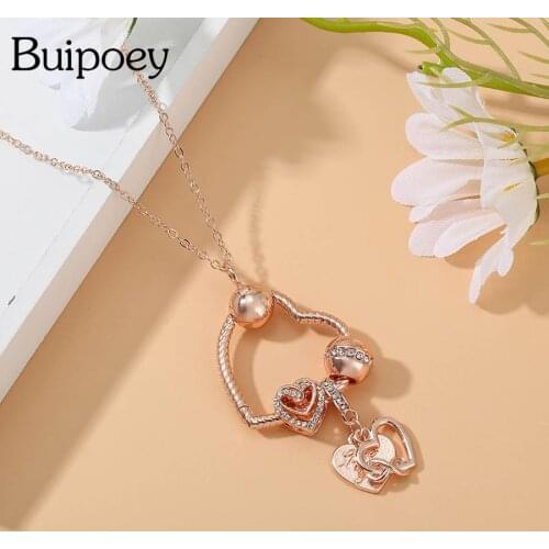 Buipoey Love You Forever Rose Gold Heart Pendant Necklace For Women Girls Original Shiny Heart Beads Necklace Jewelry Women Gift