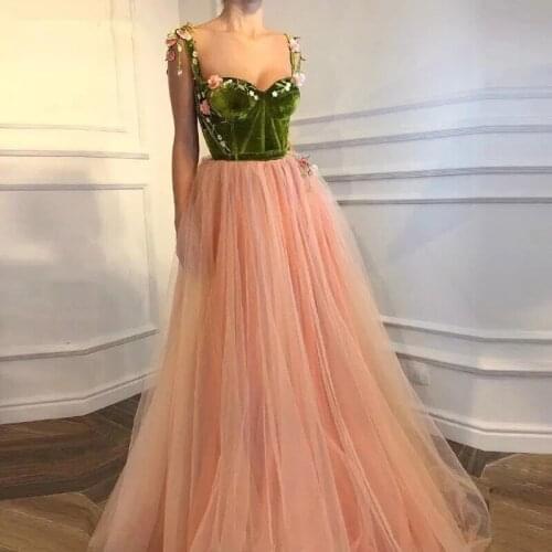 2020 Dubai A-Line Flowers Straps Orange Tulle Long Evening Dress Sexy Formal Prom Dress vestido de noche LE40735