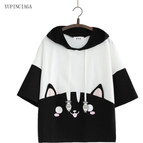 2021 Summer Harajuku Hoodies Sweet Cat Print Patchwork Short Sleeve Sweatshirt Women Hooded Cotton Drawstring Pullover 2113535