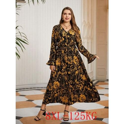 2021 new plus size dress 4XL-8XL bust 138CM fashion womens V-neck long sleeve retro loose print plus size casual dress