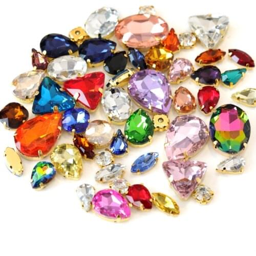50PCS Mixed Colors Shapes Glass Sew On Rhinestones With Gold Claw Flatback Sew On Claw Rhinestones For Wedding Dress B1013