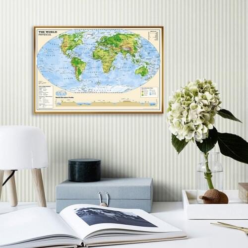 84*59cm Terrain Map of The World With Details Wall Art Poster Canvas Painting Classroom Home Decoration School Supplies
