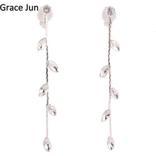 Grace Jun Korea Style Rhinestone CZ Long Clip on Earrings Without Piercing for Grils Party Wedding Charm Earrings Bijouterie