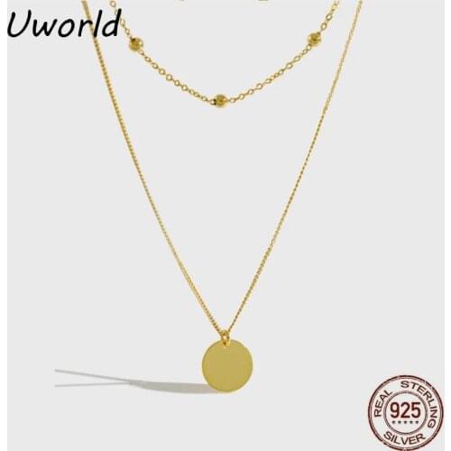 Double Layered 18K Gold Plated 925 Sterling Sliver Necklace Spacer Beads Round Disc Pendant layered Choler Necklace