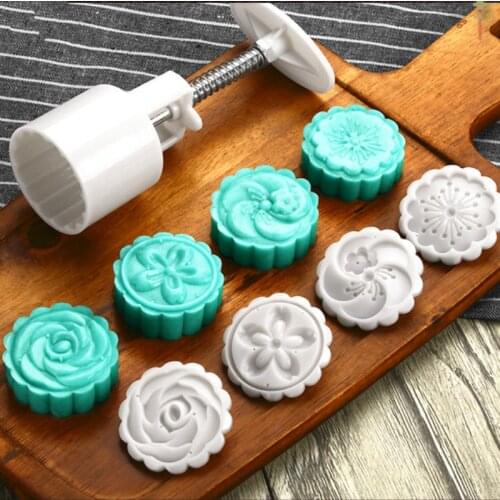 Mooncake Mold 50g Hand Press Cookie Stamps Pastry Tool Moon Cake Maker with 4 Adorable Patterns