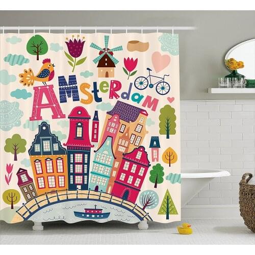 Dutch Shower Curtain Cartoon Style Amsterdam Architecture Illustration with Colorful City Icons and Trees Bathroom Curtains