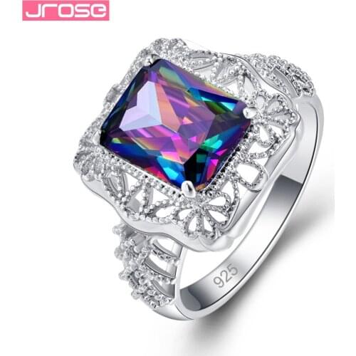 JROSE Wedding Band Wholesale Gorgeous Rainbow Green Cubic Zirconia Silver Ring Size 6 7 8 9 Office Lady Style Jewelry Gifts