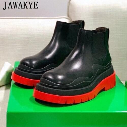 Quality Leather Platform Short Women Boots Transparent Thick Sole Slip-on Martin Bootie Mixed Color Elastic Western Boots