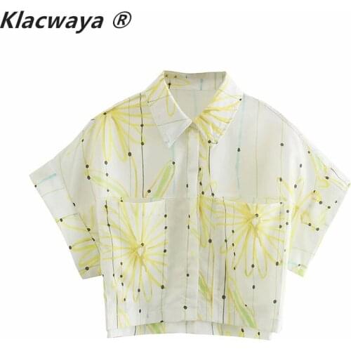 Klacwaya Women Za 2021 Fashion Daisy Print Blouses Pockets Short Sleeve Button-up Female Shirts Blusas Chic Summer Short Tops