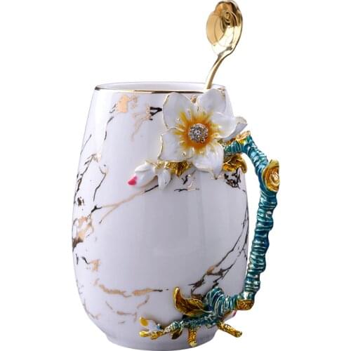 Bone China Coffee Cup Milk Mugs Creative Mug Flower Tea Cup with Spoon Birthday Wedding Gift Household Office Afternoon Tea