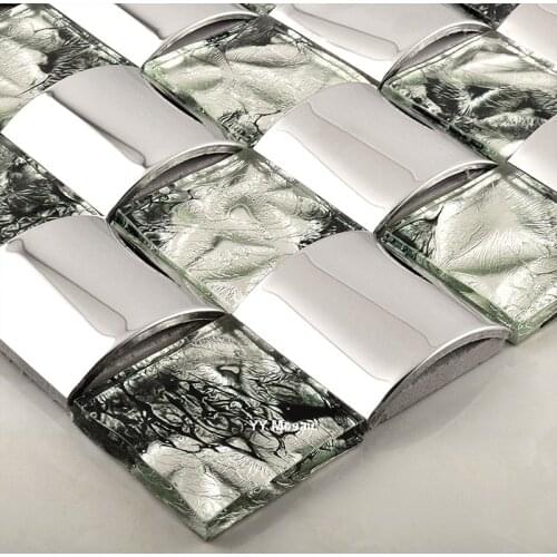 Creative Silver Color Arched Stailess Steel Metal Hand Draw Gold Foil Glass Mosaic Tile for Showroom Store Cabinet Fireplace Bar