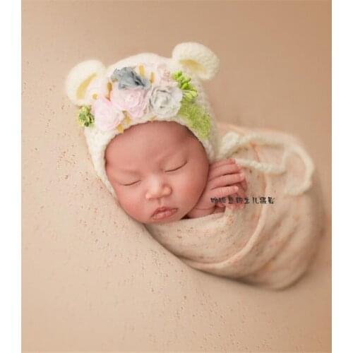 Cream color Newborn baby girl bonnet hat photography props Handmade knitted baby hat Newborn bonnet photo props