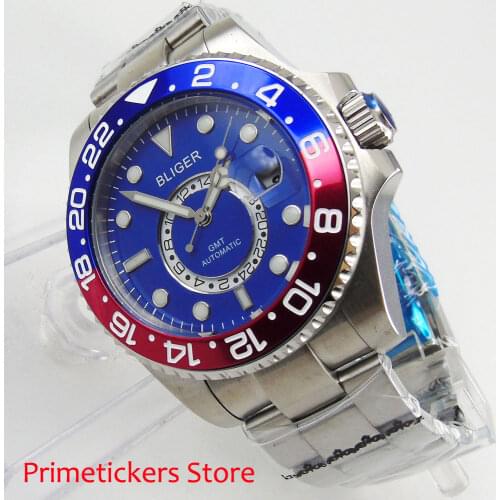 Blue red bezel sapphire crystal BLIGER 43mm blue dial GMT luminous marks automatic movement mens watch date
