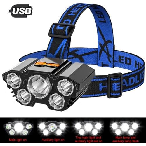 USB Rechargeable 5 LED Headlamp Flashlight Waterproof 4 Modes 350LM Outdoor Lighting Headlight Light Torch for Fishing Cycling
