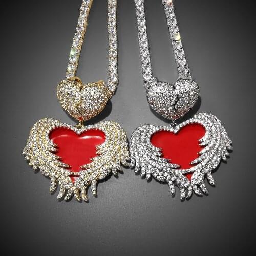Iced Out Angel Wings Heart Pendant 2 Colors AAA Zircon Necklace For Men Women Gifts Fashion Hip hop Jewelry
