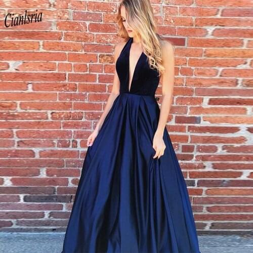Simple Navy Blue Velvet Top Halter Backless Long Evening Dresses 2020 Sleeveless Custom Made Formal Evening Party Dress
