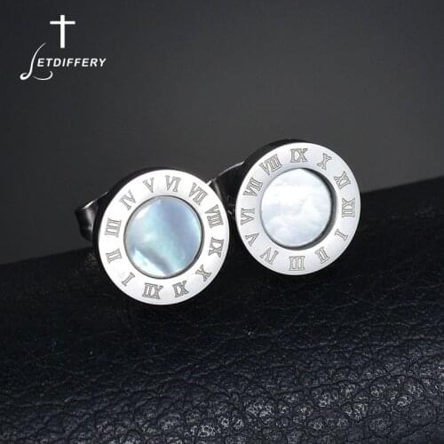 Letdiffery Stainless Steel Round Shell Stud Earrings Luxury Roman Earrings For Women Minimalist Jewelry