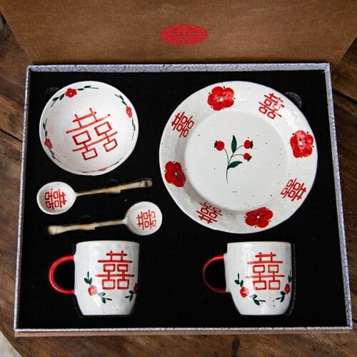 Hand-Painted High Temperature Stoneware Japanese-Style Ceramic Double Happiness Plate Cup Wedding Gifts Nationwide Free Shipping