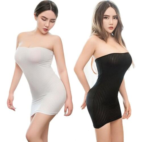 Sexy Women Striped Bodycon Boob Tube Dress Strapless Semi See Through Stretchy Fancy Mini Dress Clubwear