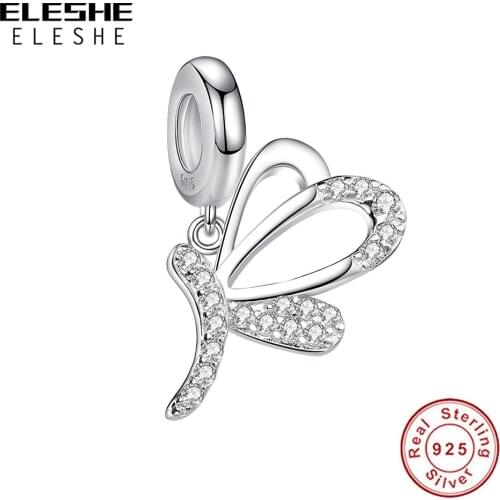 ELESHE Sparkling Clear CZ Butterfly Animal Charm 100% 925 Sterling Silver Trendy Bead fit Bracelets DIY Jewelry Making Gift