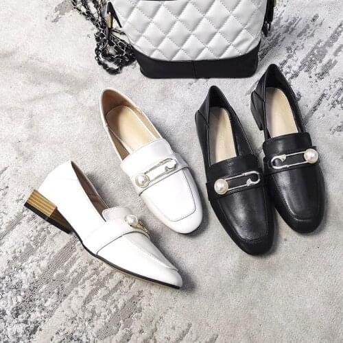 Pearl Metal buckle mary janes shoes female 40 square toe wood heels loafers woman flats two ways small leather shoes women 2020