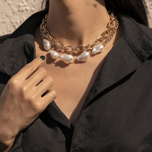 Punk Hip Hop Baroque Irregular Imitation Pearl Necklace Circle Womens Cuban Thick Necklace Jewelry Metal Snake Chain Necklace