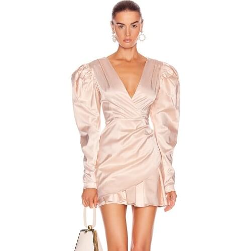 High Quality Pink Sexy Deep V Neck Full Sleeve Elegant Mini Dress 2021 Women Ruffled Folds Celebrity Party Dress