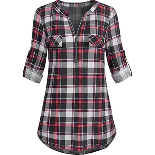 Women Plaid Print Shirt Casual Cotton Autumn Clothes Long Sleeve Womens Slim V-neck Jacket Shirt blusas mujer de moda 2019