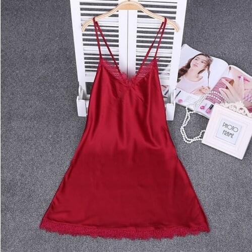 Ladies Sexy Silk Satin Nightgown Sleeveless Nightdress V-neck Sleepshirt Lace Night Gown Summer Sleeping Dress For Women