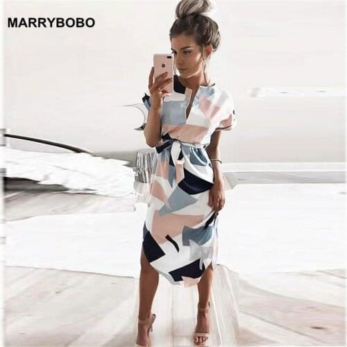 Summer 2018 Casual Asymmetrical Geometric Printing Women Dress Sash Knee-Length Dress Bohemian Style Female Vestidos Robe