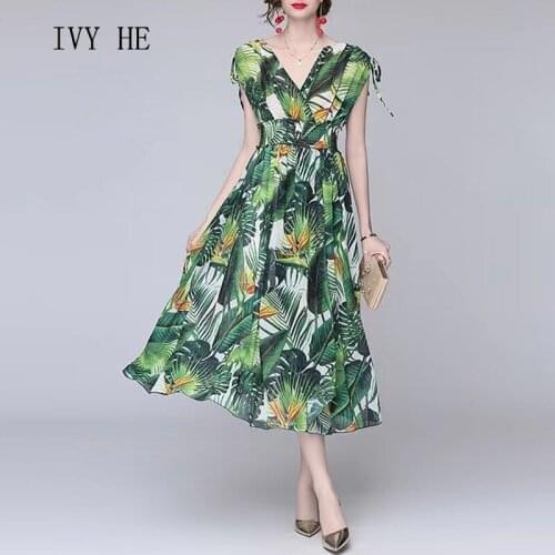 IVY HE Summer Womens Dress 2021 Holiday Streetwear V-Neck Sleeveless Off The Shoulder Elastic Waist A-Line Dress Printed Dress
