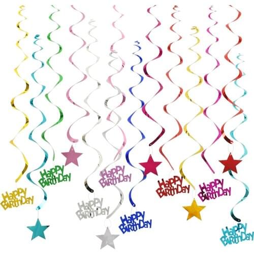 6pcs Happy Birthday Star Spiral Pendant Ceiling Hanging Garland PVC Swirl Banner for Birthday Party Home Living Room Decoration