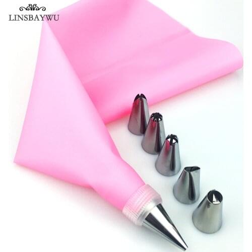 8 PCS/set Silicone Kitchen Accessories Icing Piping Cream Pink Pastry Bag + 6 Stainless Steel Nozzle DIY Cake Decorating Tips