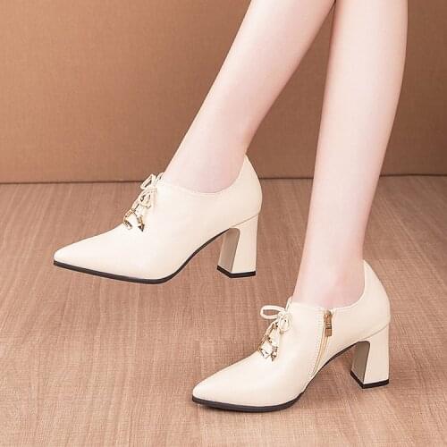 Deep mouth single shoe womens 2021 season new pointed heels Korean fashion thick heel zipper fashion shoes