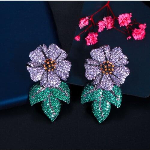 CWWZircons Purple Green Cubic Zirconia Leaf Flower Long Big Luxury Statement Drop Earring for Women Wedding Bridal Jewelry CZ885