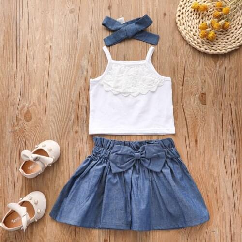 Baby Girls Jeans Clothes Sets Summer Kids Denim Suspenders Tops+ Skirt 3Pcs Outfits New Baby Girl Toddler Clothing Suit