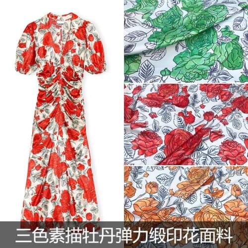 European and American Brand New Sketch Peony Stretch Satin Women 's Clothing High Customization Digital Printing Fabric 3 Colors