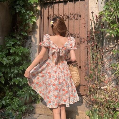 French Summer Elegant Preppy Style Sweet Girly Soft Girl Women Dress Kawaii V-Neck Puff Sleeve Backless A-Line Floral Dresses
