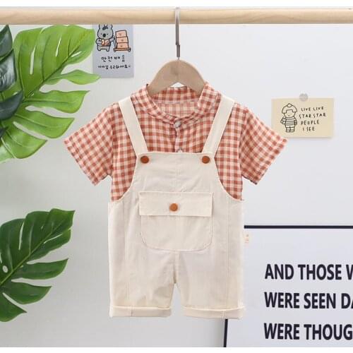 2021 New Summer Baby Girls Boys Clothing Toddler Fashion Infant Children Causal Suits Plaid T Shirt Overalls Bib Pants 2Pcs/Sets