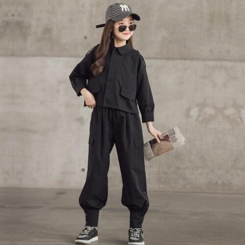 10 12 years Cool Girls Black Jogger Pants Clothes Set Casual Short Coat Fashion Teen Girls Outfits