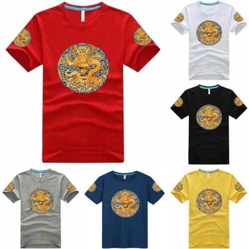 Mens Chinese Retro Qing Dynasty Style Emperor Dragon Robe Short sleeve Tee T shirts For Outdoor Camping Cosplay Hip-hop Cool