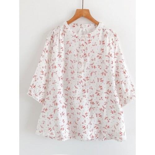 2020 New Summer Women Tops Japan Style Literary vintage Red floral Print Stand Collar Half Sleeve Pullover Shirts Women