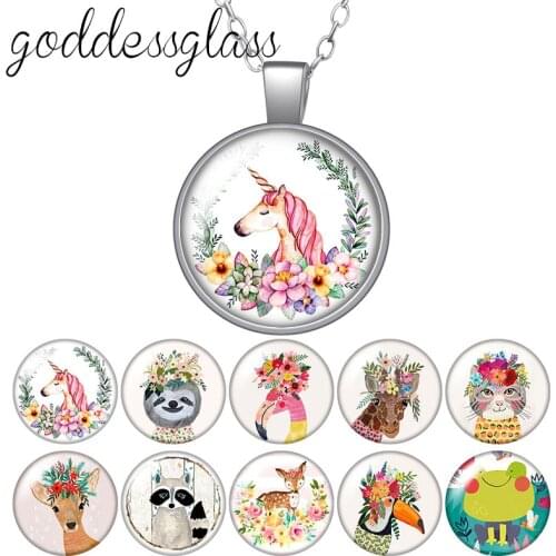 Cartoon Animals Unicorn Cats Dogs Flamingo Round Glass glass cabochon silver plated/Crystal pendant necklace jewelry for Gift