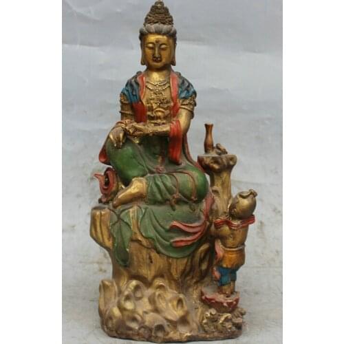Song voge gem S2115 14" Chinese Bronze Gild Painting Seat Kwan-yin Guan Yin Goddess Girl Free Statue
