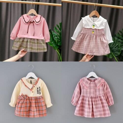 Baby Girls Dresses Kids Long Sleeves Winter Autumn Plaid Splicing Sweet Ruffle Princess Tutu Dress Chilren Fall Clothes Outfits