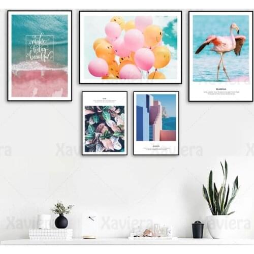 Nordic Tropical Art Poster Flamingo Smile Balloon Leaves Beach Seascape Canvas Painting Pictures Wall Art Living Room Home Decor