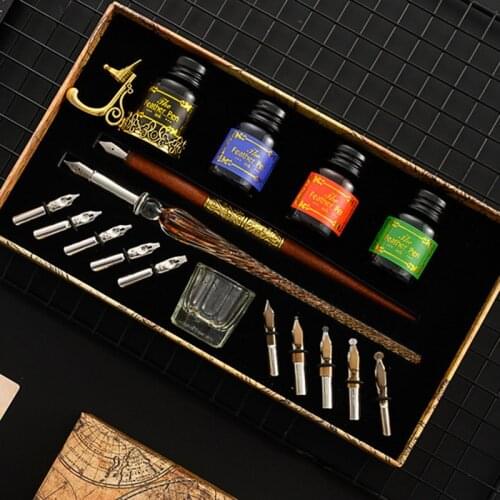 Retro Glass Dip Pen With 10 Nibs Wooden Calligraphy Pen 4 Colors Ink Gift Box Art Writing Drawing Sationery