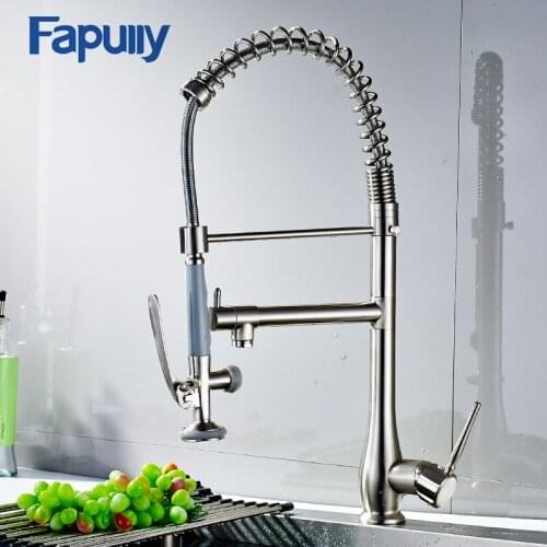Fapully Kitchen Water Mixer Swivel Sink Faucet with Spray Head Hot Cold Single Handle Brushed Nickel Pull Down Kitchen Taps 192